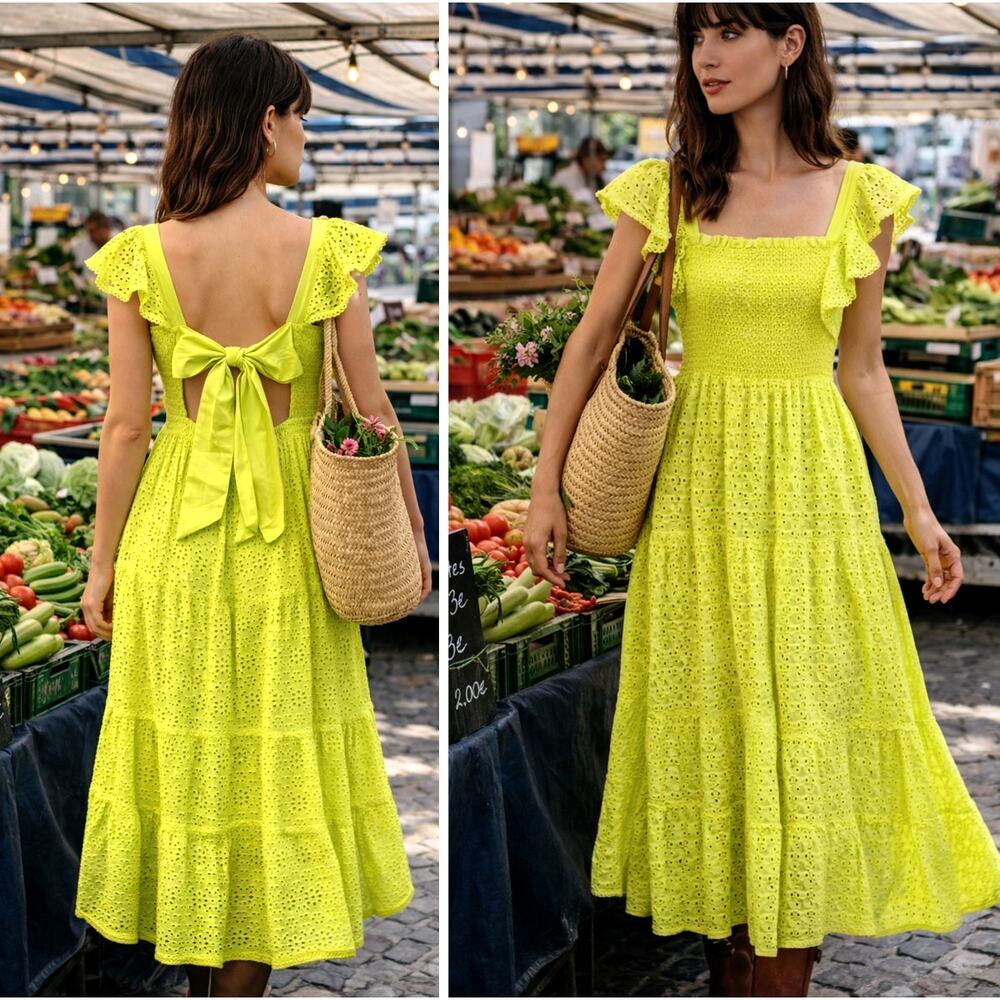 Alice+Olivia Eyelet Cotton Nap Dress $595 Smocked Midi Cottagecore Chartreuse